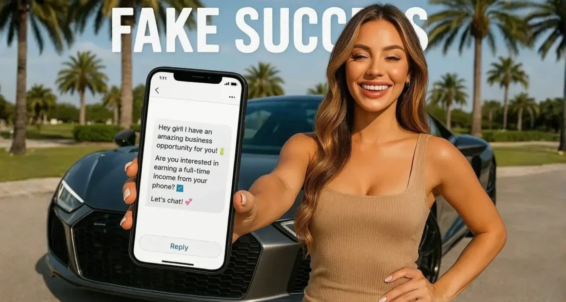 A smiling, glamorous influencer poses in front of a luxury car, holding a phone displaying an aggressive MLM recruitment message. The image has "FAKE SUCCESS" overlaid, highlighting the deceptive nature of Instagram MLM scams.
