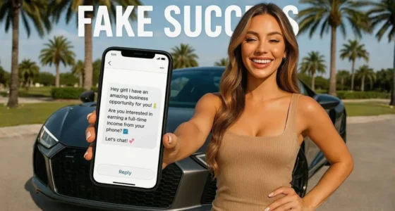 A smiling, glamorous influencer poses in front of a luxury car, holding a phone displaying an aggressive MLM recruitment message. The image has "FAKE SUCCESS" overlaid, highlighting the deceptive nature of Instagram MLM scams.