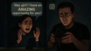 A split image depicting the predatory nature of Instagram MLM scams. On the left, a desperate woman exclaims "Hey girl! I have an AMAZING opportunity for you!!" On the right, a man with an empty wallet looks distressed, representing the financial loss.
