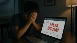 A distraught young person covers their face in despair, looking at a laptop screen that clearly displays "MLM SCAM" over an empty sales dashboard, vividly illustrating the financial devastation caused by Instagram MLM scams.