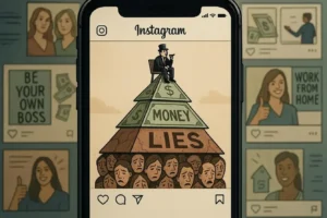 A stylized Instagram post showing a pyramid with "MONEY" and "LIES" layers. A rich figure sits atop, while many distressed faces are at the base, surrounded by other "work from home" posts, symbolizing Instagram MLM scams.