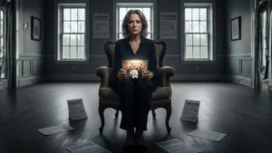 A lottery curse victim sits alone in an empty house with foreclosure notices, holding a family photo and illustrating the financial ruin and personal loss that can follow a jackpot win.