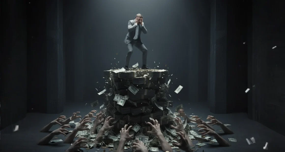 A lottery winner stands overwhelmed on a mountain of cash as greedy hands reach up, symbolizing the psychological pressure and financial demands of sudden wealth syndrome.