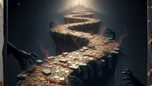 A symbolic image of the lottery curse, showing a treacherous and winding path made of money that leads to a bright city, beset by hidden dangers and predatory hands.