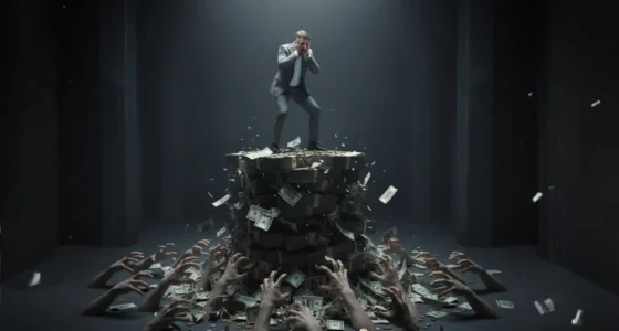 A lottery winner stands overwhelmed on a mountain of cash as greedy hands reach up, symbolizing the psychological pressure and financial demands of sudden wealth syndrome.