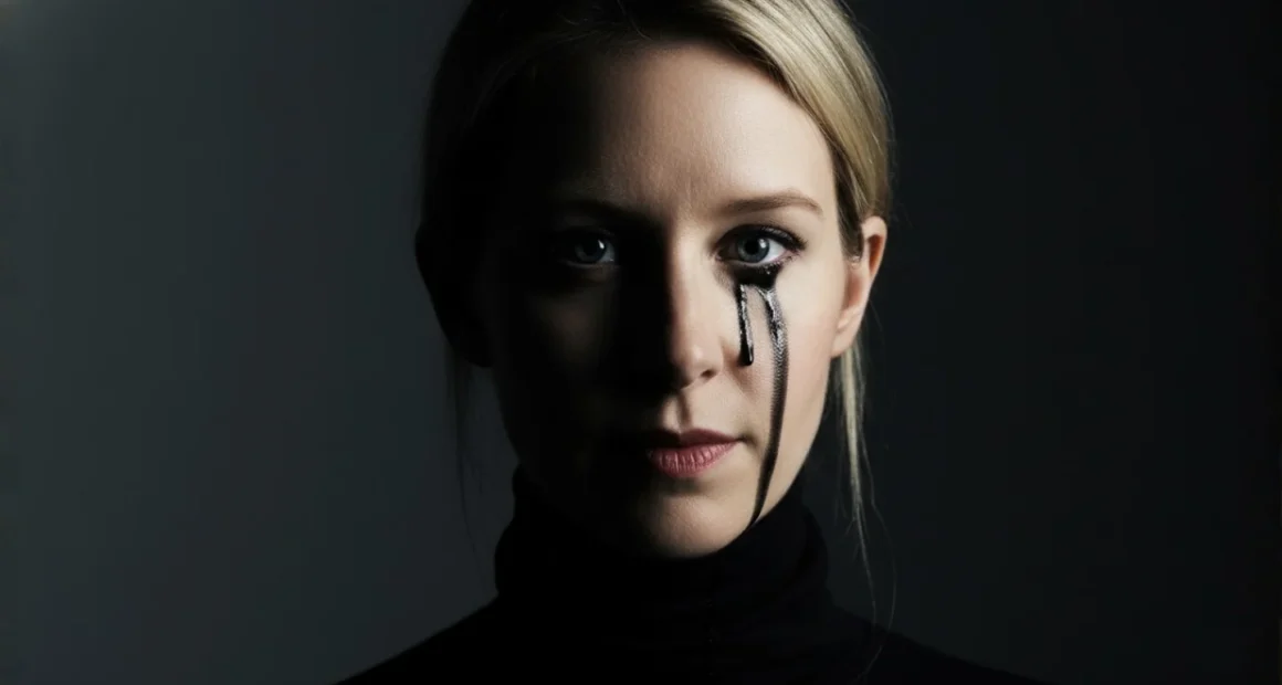A cinematic close-up of Elizabeth Holmes, portraying the Theranos fraud. Her face is half in shadow, and a single black tear is running from her eye.