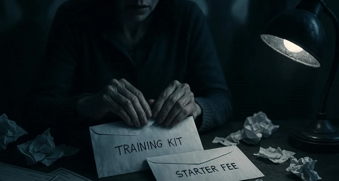 A worried woman prepares envelopes labeled “Training Kit” and “Starter Fee,” symbolizing classic Work From Home Scams promising easy money for small fees.
