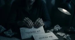 A worried woman prepares envelopes labeled “Training Kit” and “Starter Fee,” symbolizing classic Work From Home Scams promising easy money for small fees.