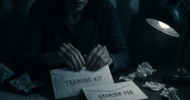 A worried woman prepares envelopes labeled “Training Kit” and “Starter Fee,” symbolizing classic Work From Home Scams promising easy money for small fees.