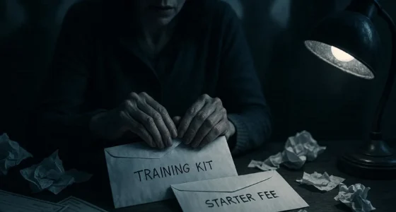 A worried woman prepares envelopes labeled “Training Kit” and “Starter Fee,” symbolizing classic Work From Home Scams promising easy money for small fees.