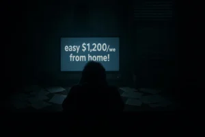 A shadowed figure watches a glowing screen promising “easy $1,200/week from home,” exposing the deceptive marketing behind Work From Home Scams.