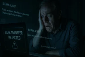 An older man looks shocked at a computer screen flashing “Scam Alert” and “Bank Transfer Rejected,” representing financial losses from Work From Home Scams.