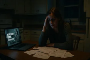 A tired woman sits in her kitchen, staring at a laptop showing a “Work From Home Success Story,” a trap often used in Work From Home Scams to lure victims.