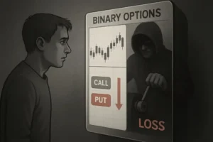 A conceptual image of binary options fraud, where a shadowy scammer secretly manipulates a trading machine to force a loss on an unsuspecting investor, illustrating the rigged nature of the scam.