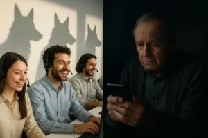 A powerful split image illustrating binary options fraud, with smiling call center agents whose shadows are shaped like wolves, contrasting with a vulnerable elderly victim.