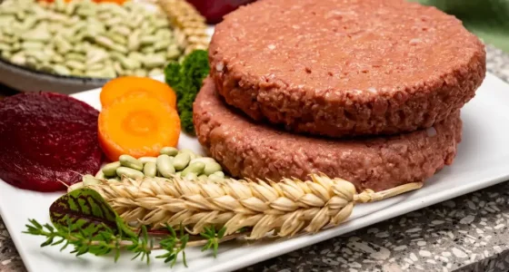 Two plant-based burger patties served on a white plate with fresh ingredients like wheat, beans, and carrots. it's synthetic meat startups.