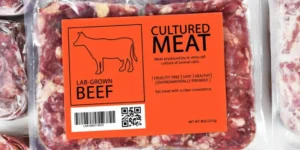 A vacuum-sealed package of lab-grown beef with an orange label that reads "Cultured Meat" and "Lab-Grown Beef".