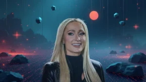 Paris Hilton in a futuristic, digital landscape, representing her role as a major celebrity promoter during the NFT boom and her involvement in the Bored Ape Yacht Club lawsuit.