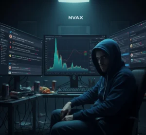 A modern, intense young man in a hoodie sitting in front of multiple monitors displaying a sharply spiked stock chart and social media hype, showing how penny stock pump and dump schemes are run by new online 'wolves'.