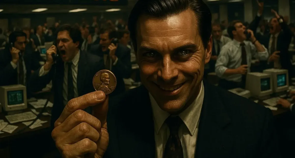 1990s-era broker with a predatory smile holding a penny coin on a chaotic trading floor, illustrating the Wolf of Wall Street penny stock pump and dump schemes.