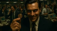 1990s-era broker with a predatory smile holding a penny coin on a chaotic trading floor, illustrating the Wolf of Wall Street penny stock pump and dump schemes.