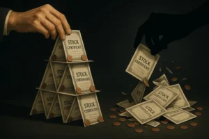A symbolic image showing a hand constructing a house of cards from stock certificates and pennies, while a shadow hand collapses it, representing the inevitable crash of a penny stock pump and dump.