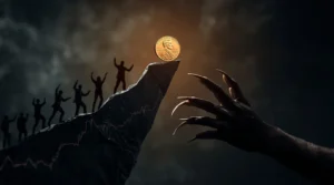 A golden penny coin balanced on a jagged cliff edge with small figures climbing toward it, while a monstrous claw reaches out, metaphorically warning against the dangers of penny stock pump and dump scams.