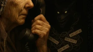 An elderly victim crying on the phone, preyed upon by prize scam imposters symbolized as a dark monster demanding gift card codes.
