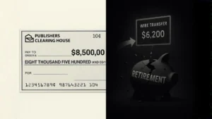 A split-screen showing a fake Publishers Clearing House check used by prize scam imposters to drain a retirement fund via wire transfer.