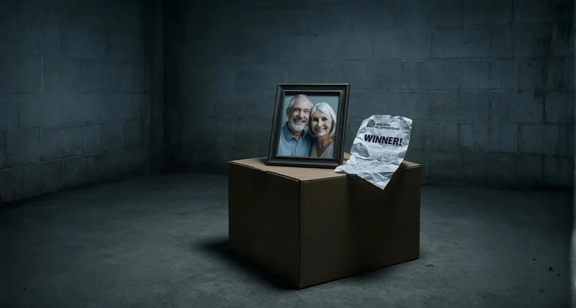 The devastating aftermath of prize scam imposters: a cold basement room with a victim's belongings in a box, a photo, and a fake winner notification.