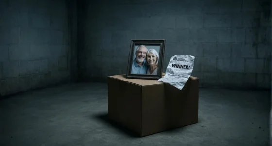 The devastating aftermath of prize scam imposters: a cold basement room with a victim's belongings in a box, a photo, and a fake winner notification.