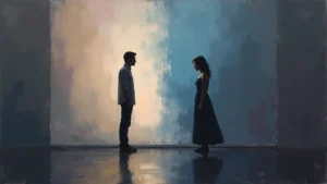 A man and a woman stand silhouetted and far apart, representing the emotional distance and deception inherent in a romance scam.