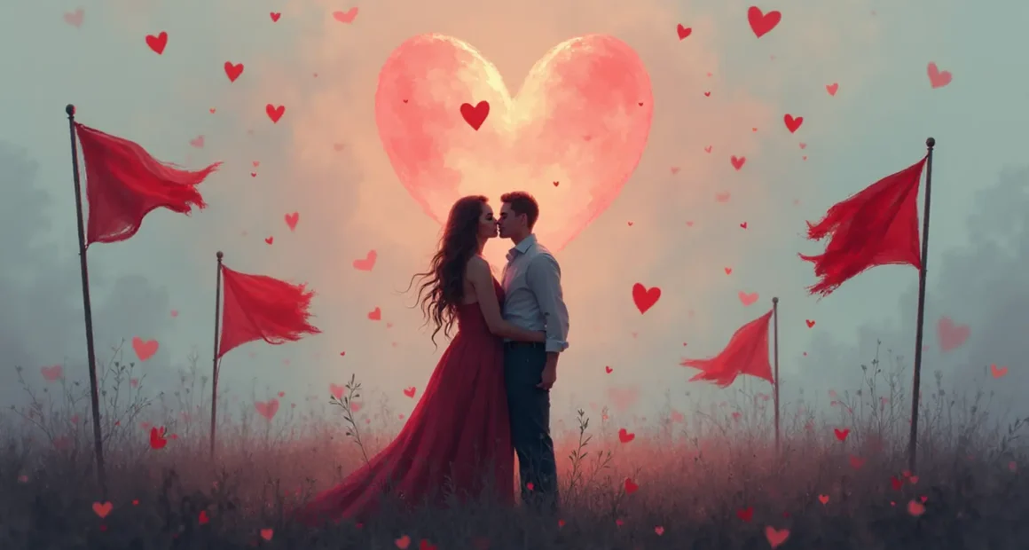 A couple embraces in a romantic scene, but the field is filled with tattered red flags, symbolizing the many warning signs of an online dating scam.
