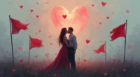 A couple embraces in a romantic scene, but the field is filled with tattered red flags, symbolizing the many warning signs of an online dating scam.
