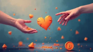 Two hands exchange a shattered, crystal-like heart, with a Bitcoin symbol nearby, symbolizing how crypto scams trade fake love for financial gain.