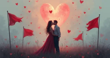 A couple embraces in a romantic scene, but the field is filled with tattered red flags, symbolizing the many warning signs of an online dating scam.