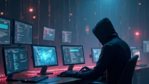 A faceless scammer in a hoodie works in a dark room with multiple monitors, representing the organized criminal operations behind financial crypto scams.