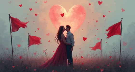 A couple embraces in a romantic scene, but the field is filled with tattered red flags, symbolizing the many warning signs of an online dating scam.