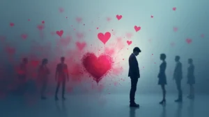 A man stands heartbroken and alone in front of a shattered heart, illustrating the emotional devastation and loneliness caused by a romance scam.