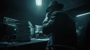Social security scam call center. A shadowy figure in a fedora speaks urgently on a phone beside a stack of papers labeled with psychological tactics like "EXPLOIT FEAR" and "MAXIMUM PRESSURE" in a dark room.