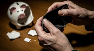 The devastating financial result of a social security scam. A person holds an empty, open wallet over a wooden table while a broken piggy bank lies scattered behind it, symbolizing total loss of savings.
