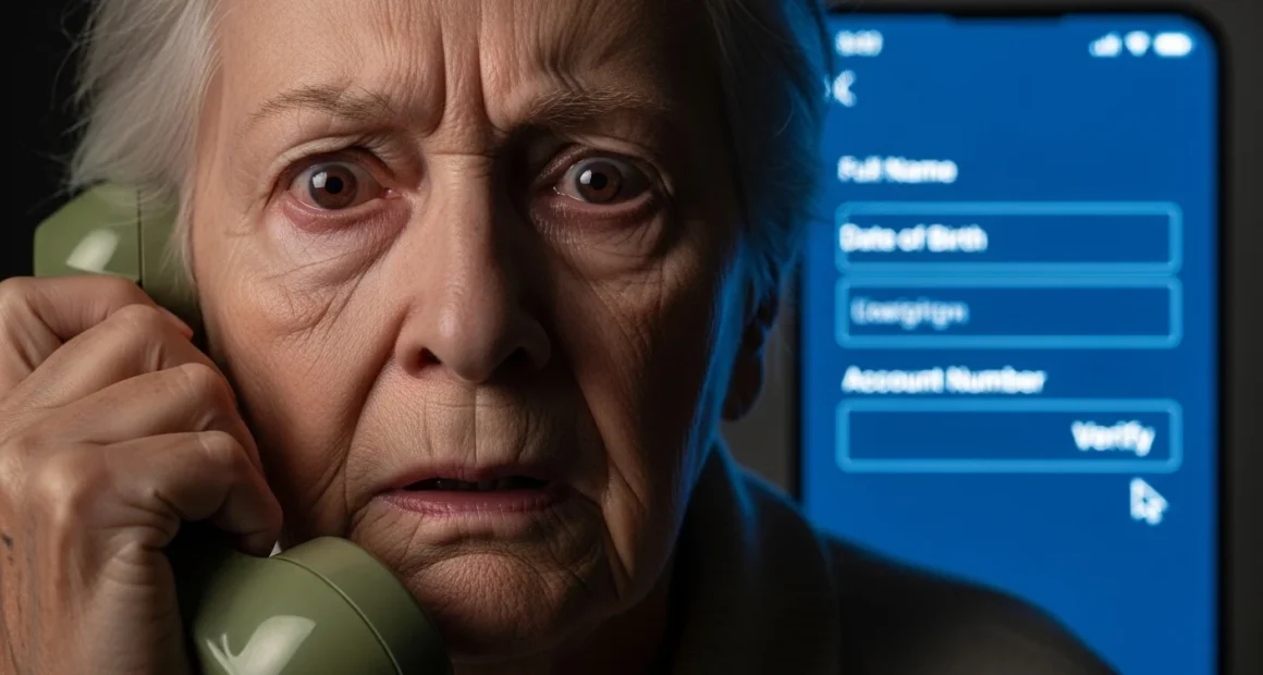 Social security scam victim panic. A terrified elderly woman holds a phone receiver to her ear, with her face expressing extreme fear. A blurry screen in the background shows a form prompting her to enter personal data like "Account Number" for "Verify."