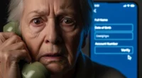 Social security scam victim panic. A terrified elderly woman holds a phone receiver to her ear, with her face expressing extreme fear. A blurry screen in the background shows a form prompting her to enter personal data like "Account Number" for "Verify."