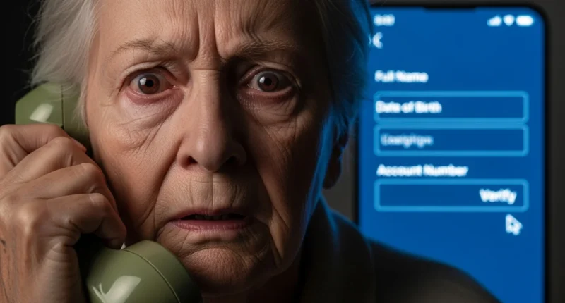 Social security scam victim panic. A terrified elderly woman holds a phone receiver to her ear, with her face expressing extreme fear. A blurry screen in the background shows a form prompting her to enter personal data like "Account Number" for "Verify."