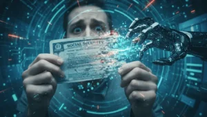 Digital identity theft during a social security scam. A man holds his Social Security card, which is dissolving into streams of digital code and light. A black, robotic hand aggressively reaches out from a futuristic, glowing blue background to snatch the disintegrating card.