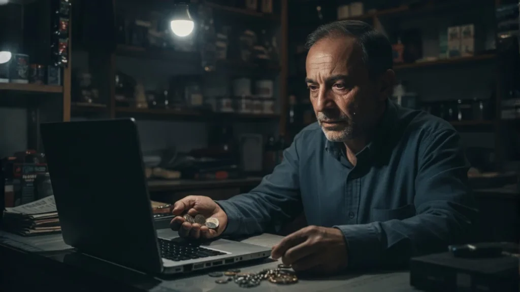 A devastated Turkish shopkeeper, a victim of the Thodex scam, looks at worthless coins beside his laptop after losing his savings.