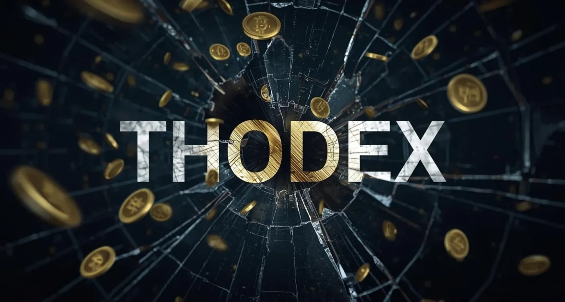 The Thodex logo behind shattered glass with disappearing coins, representing the collapse and broken trust caused by the Thodex scam.
