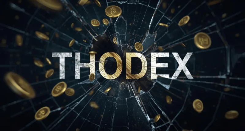 The Thodex logo behind shattered glass with disappearing coins, representing the collapse and broken trust caused by the Thodex scam.