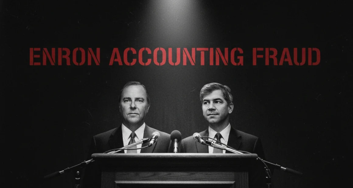 A dark, gritty feature image illustrating the Enron Accounting Fraud, showing Jeffrey Skilling and Andrew Fastow at a press podium under harsh lighting, with the title 'ENRON ACCOUNTING FRAUD' in red stencil text above them.