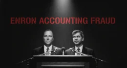 A dark, gritty feature image illustrating the Enron Accounting Fraud, showing Jeffrey Skilling and Andrew Fastow at a press podium under harsh lighting, with the title 'ENRON ACCOUNTING FRAUD' in red stencil text above them.